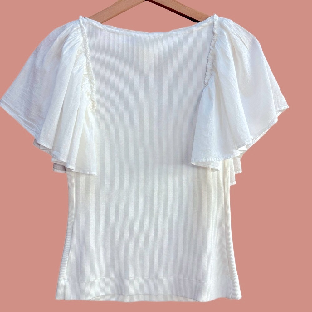 NWT 🆕 Anthro/Maeve White Flutter Sleeve Tee - XS - Picture 3 of 8